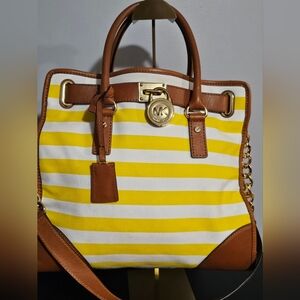Michael Kors Hamilton Striped Canvas Satchel Leather Trim Tote